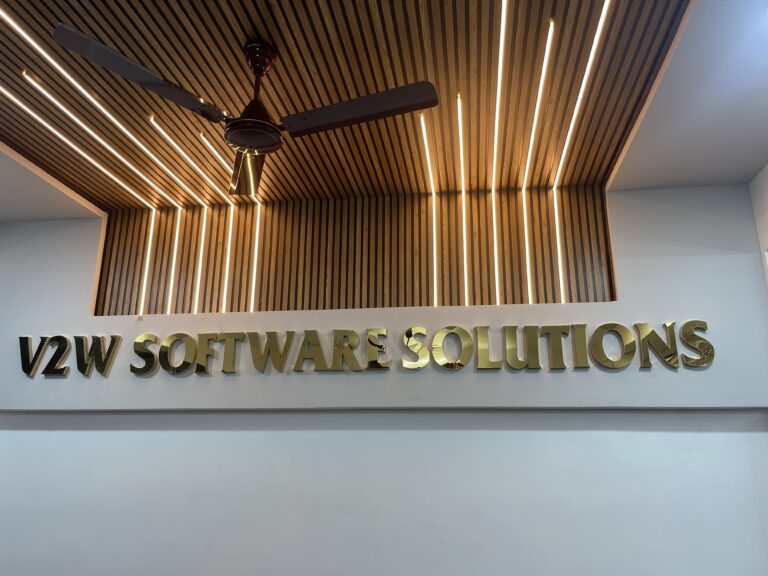 V2W Software Solutions name sign at the office reception